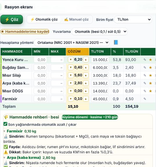 Kuzu Besi ve Koyun Rasyonu – Grain Star Nutrition TMR ekranı